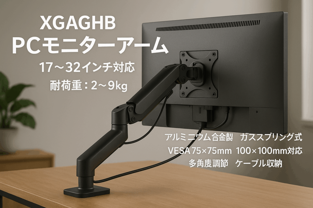 XGAGHB PCモニターアーム17～32インチ対応 耐荷重：2～9kg対応アルミニウム合金製 ガススプリング式 VESA 75x75mm 100x100mm対応 グロメット式&クランプ式 多角度調節 ケープル収納