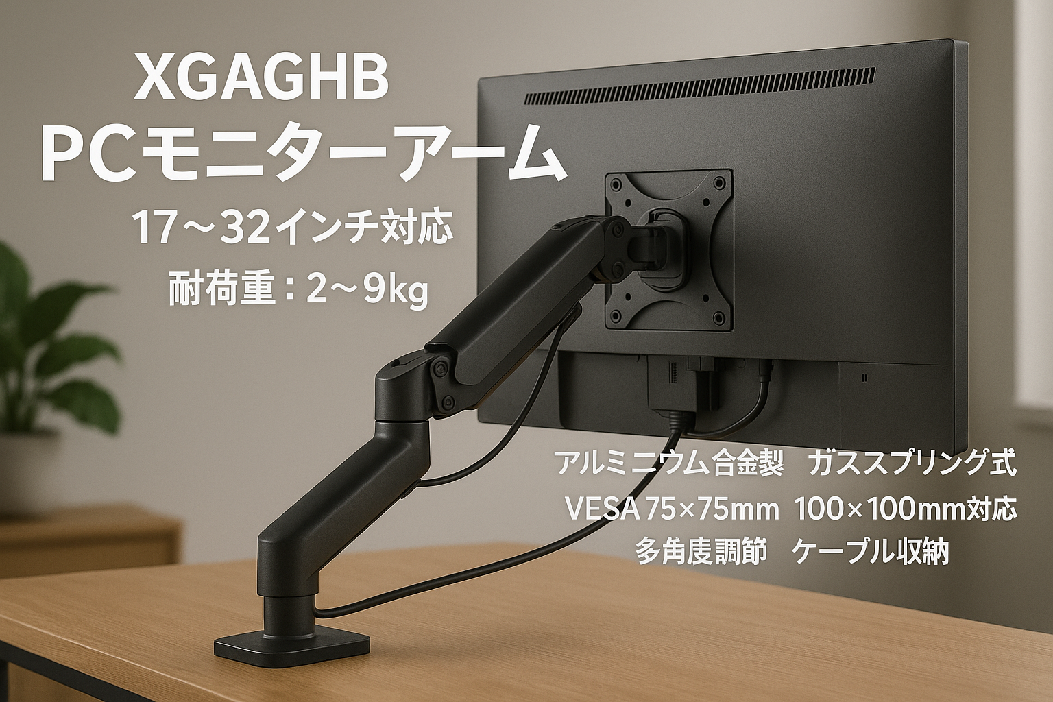 XGAGHB PCモニターアーム17～32インチ対応 耐荷重：2～9kg対応アルミニウム合金製 ガススプリング式 VESA 75x75mm 100x100mm対応 グロメット式&クランプ式 多角度調節 ケープル収納