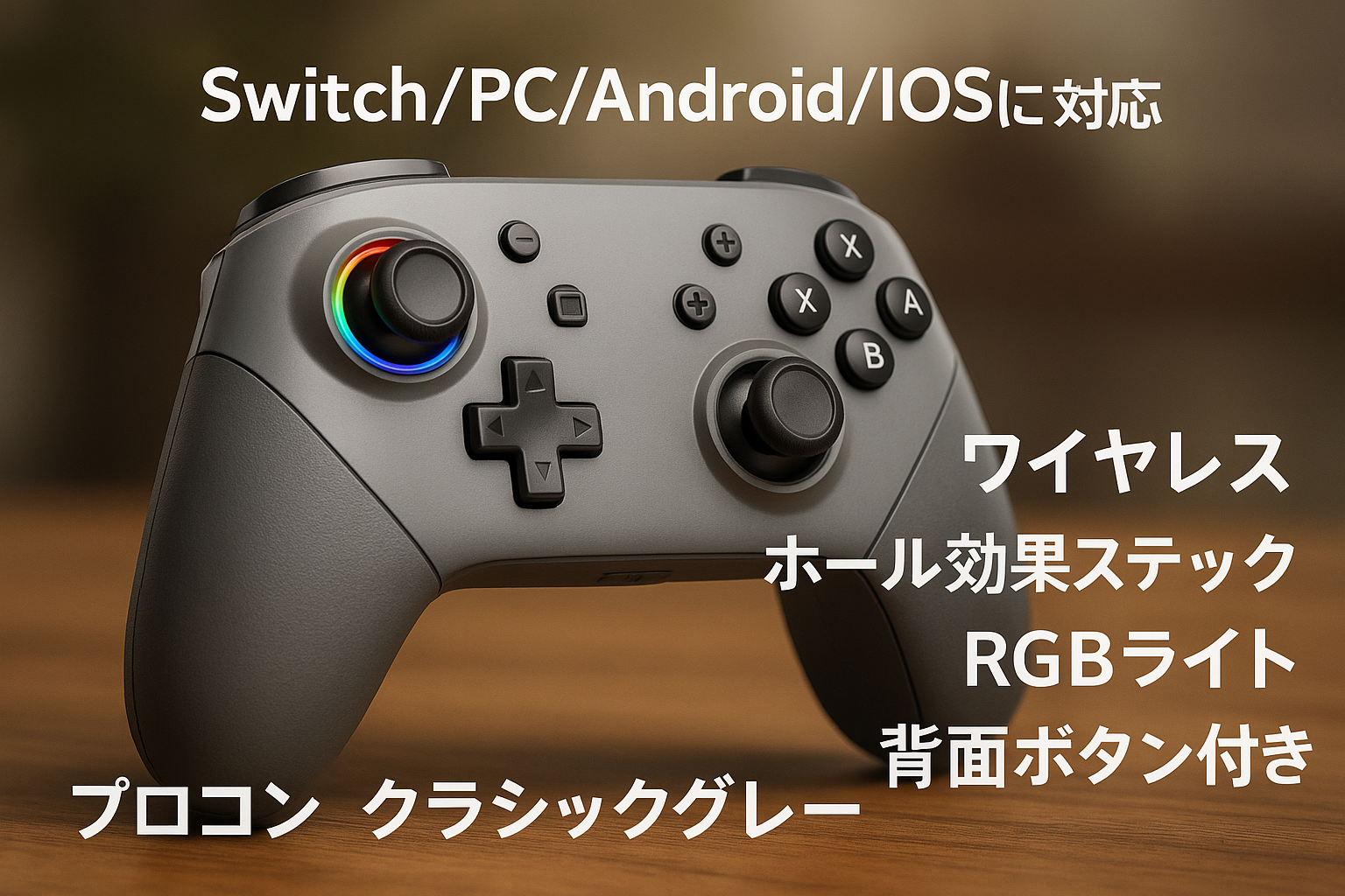 Switch コントローラー ワイヤレス ホール効果スティック RGBライト 背面ボタン付き スイッチ コントローラー TURBO連射 4段階振動調整 6軸ジャイロセンサー 800mAhバッテリー Switch/PC/Android/IOSに対応 プロコン クラシックグレー