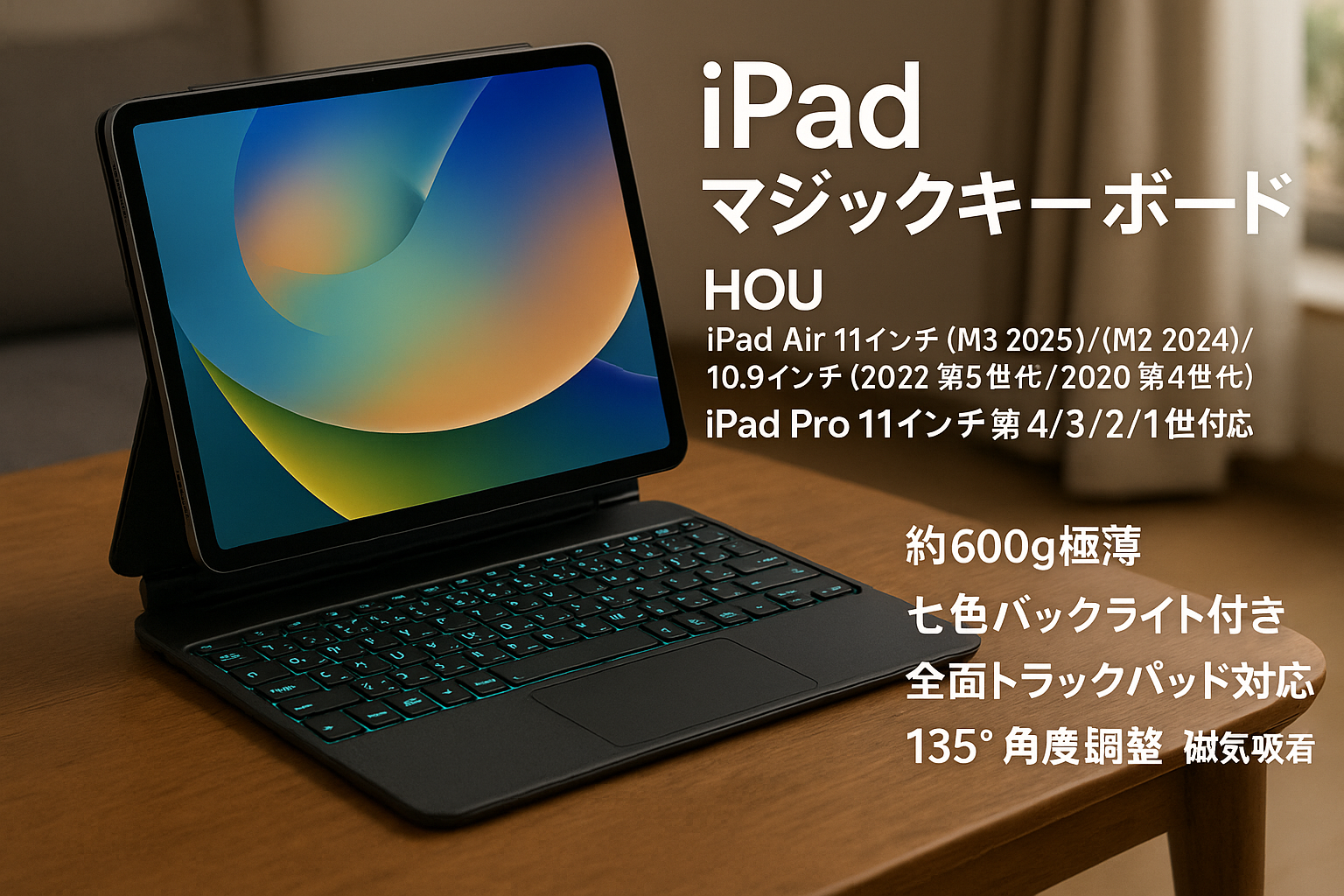 iPad マジックキーボード HOU iPad Air 11インチ (M3 2025)/(M2 2024)/10.9インチ(2022第5世代/2020第4世代) iPad Pro 11インチ第4/3/2/1世代対応 スマートキーボード 約600g極薄 七色バックライト付き 全面トラックパッド対応 135°角度調整 磁気吸着 キーボード ケース 日本語配列 (ブラック)