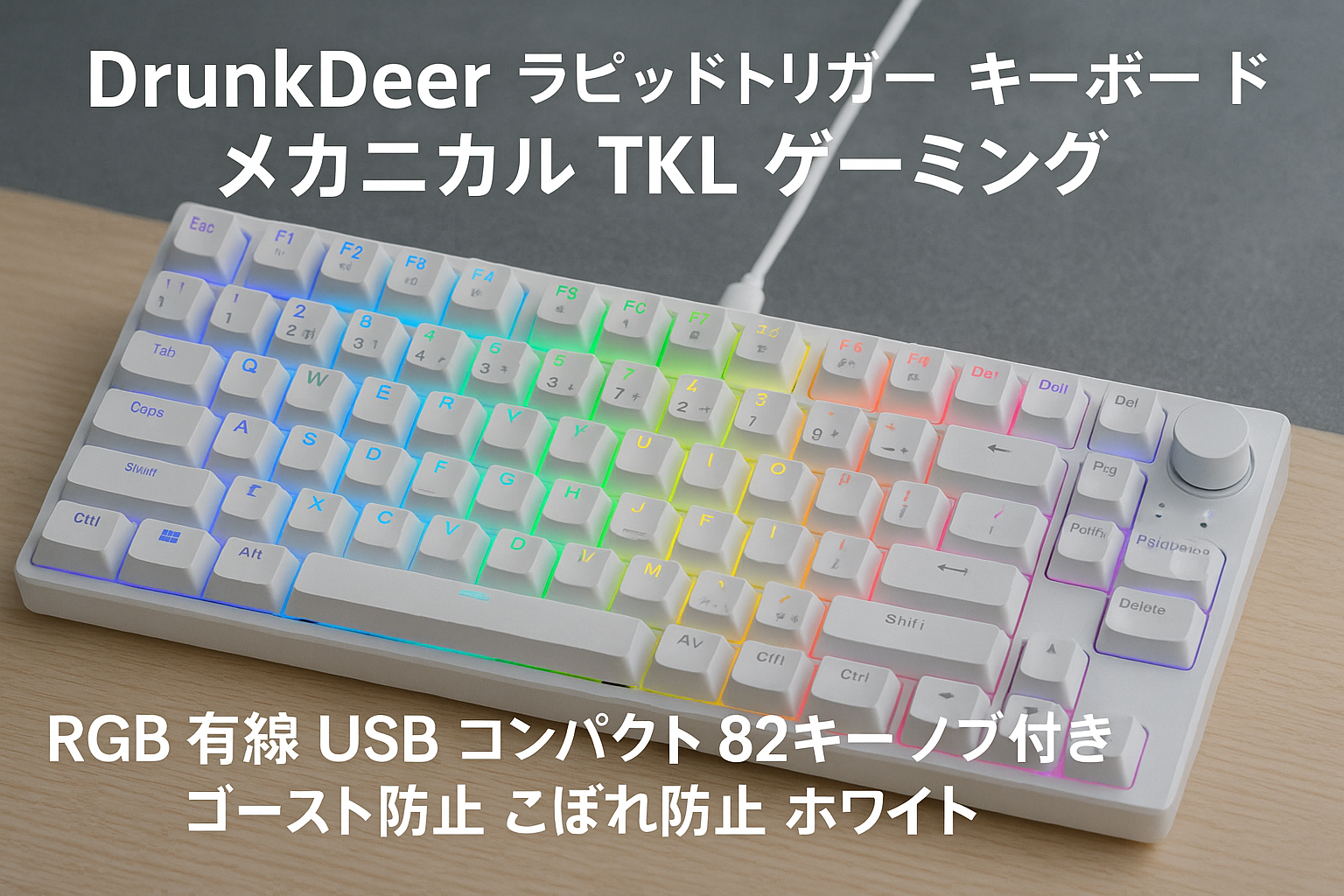 DrunkDeer A75 ラピッドトリガー キーボード メカニカル TKL ゲーミング 磁気スイッチ RGB 有線 USB コンパクト 82キー ノブ付き ゴースト防止 こぼれ防止 ホワイト