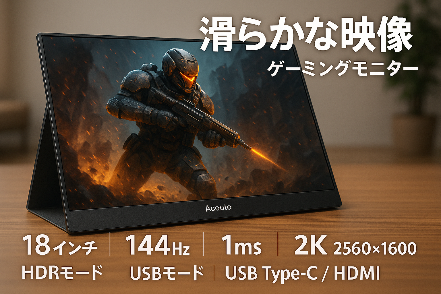 Acouto 2K モバイルモニター 18インチ 144Hz高速応答 1msゲーミングモニター HDRモード モバイルディスプレイ スイッチ用 USB Type-C/HDMI【2560x1600/非光沢/内蔵スピーカー/スタンド付/IPSパネル/VESA対応】