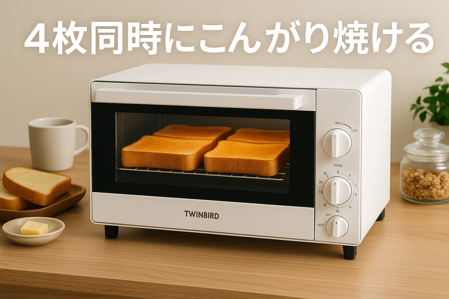 ツインバード トースター オーブントースター 4枚焼き 出力切替 (300W~1200W) 燕三条 ミラーガラス 焼きムラ軽減 スタイリッシュ 【メーカー保証1年】ホワイト TS-4047W