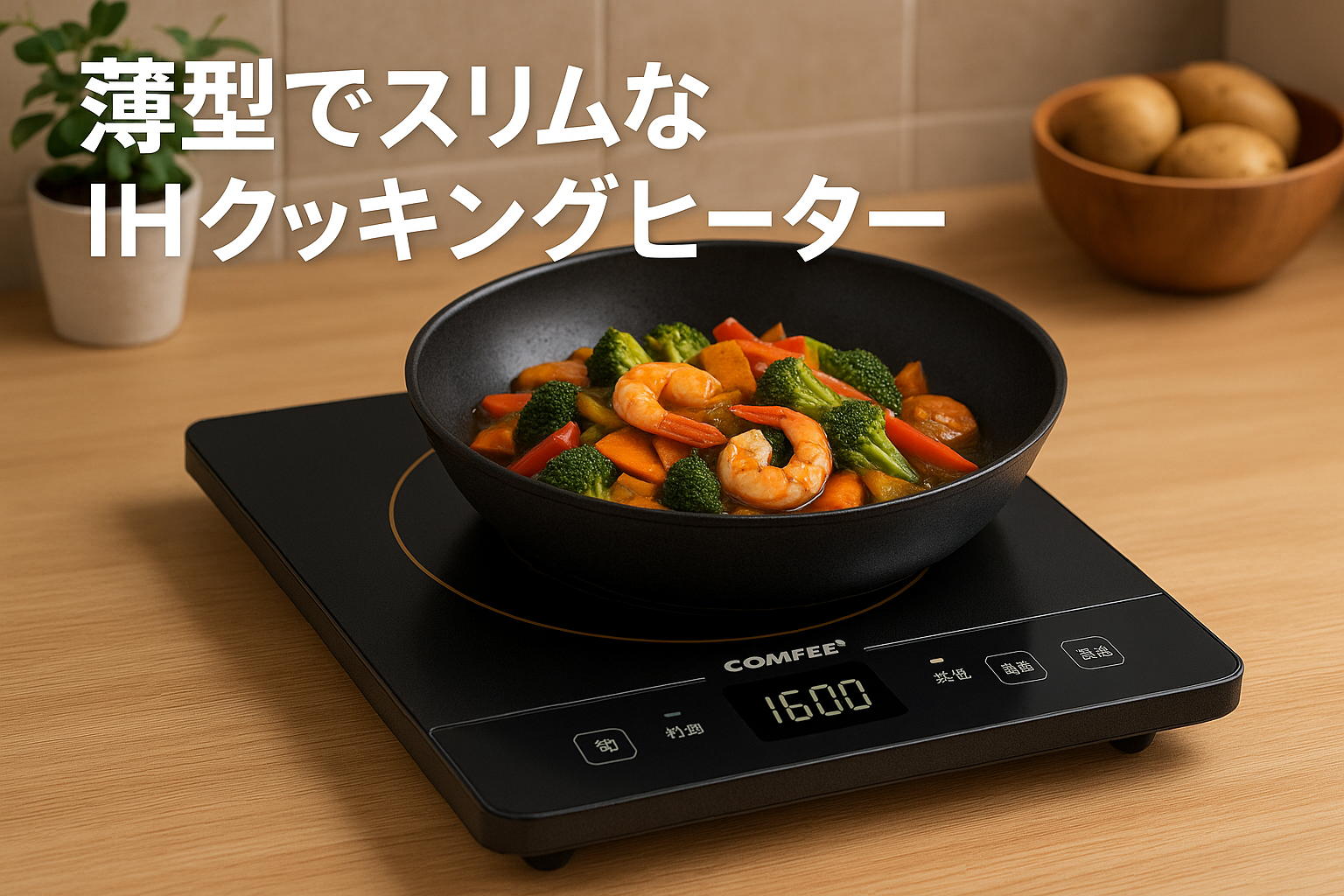 COMFEE' クッキングヒーター IH式 薄型 1000ワット 3種メニュー 揚げ物 3段保温 炒め料理 CIC-10GKBLA1