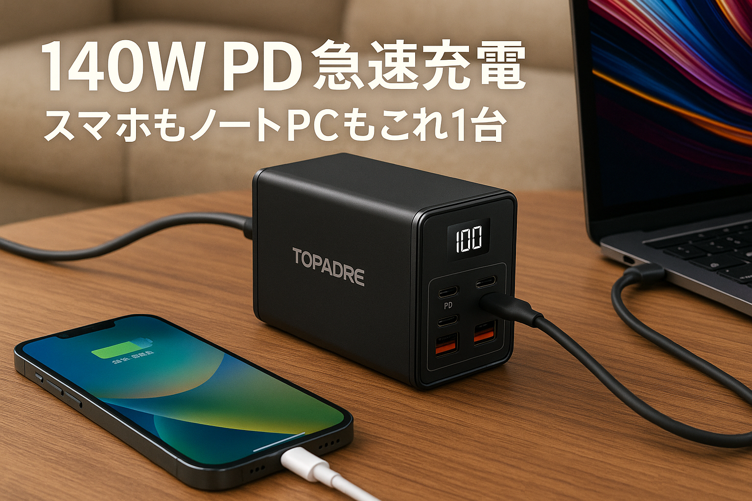 TOPADRE 140W 充電器 PD type-c 急速充電 スマホ パソコン USB充電器 ディスプレイ付 5ポート PSE認証 PD 充電器 MacBook Pro/Air/iPhone 15/14/13/Mini/Pro/Pro Max/Samsung Galaxy Note各種デバイス対応