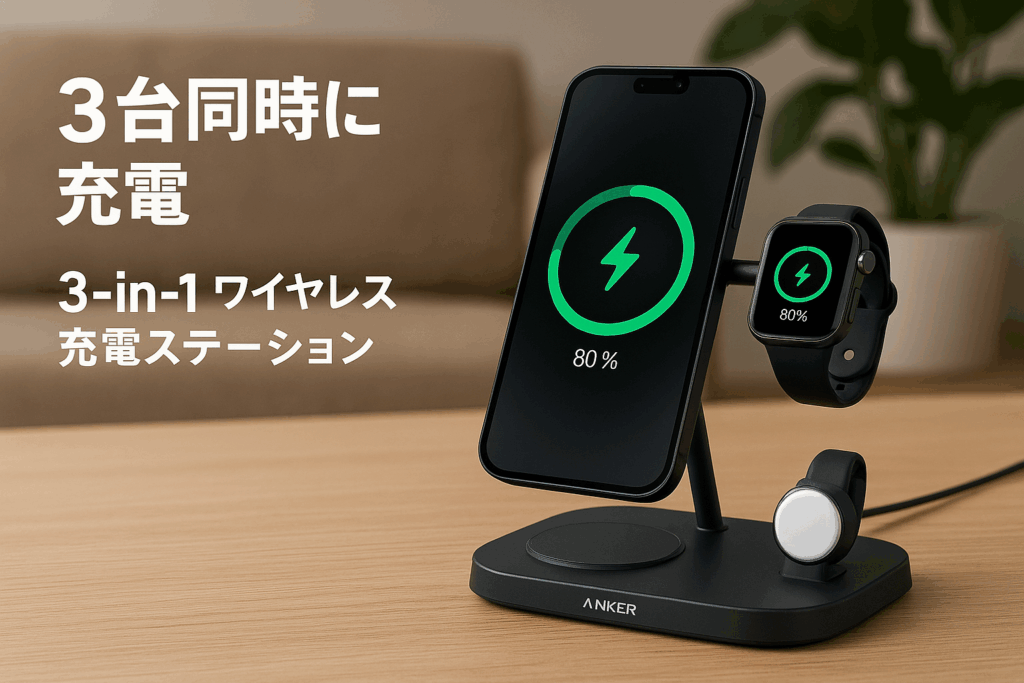 Anker MagGo Wireless Charging Station (3-in-1 Stand) Qi2対応 マグネット式 3-in-1 ワイヤレス充電ステーション/ワイヤレス出力/Apple Watchホルダー付 MagSafe対応 iPhone 16 / 15 / 14 / 13 ブラック