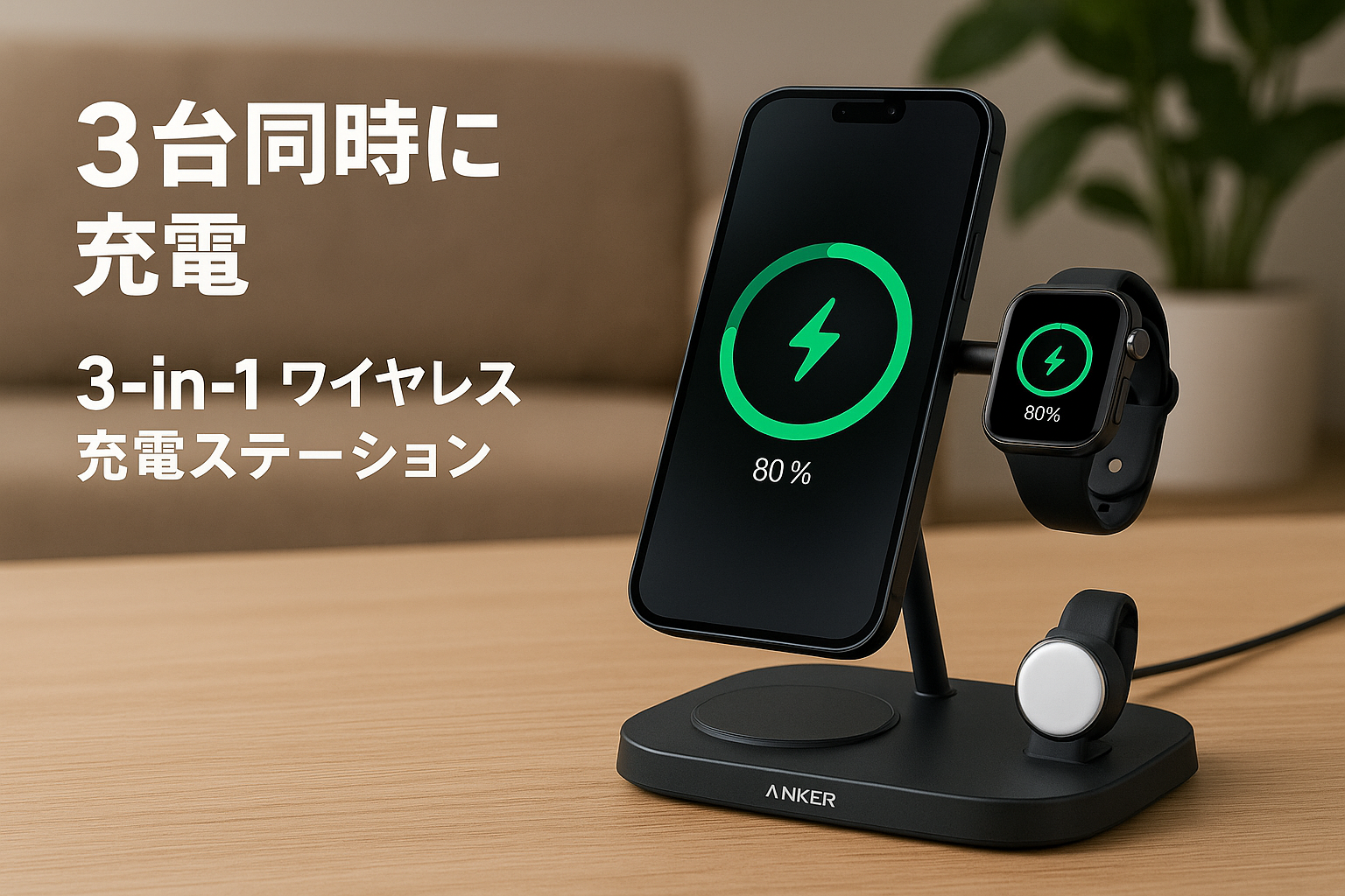 Anker MagGo Wireless Charging Station (3-in-1 Stand) Qi2対応 マグネット式 3-in-1 ワイヤレス充電ステーション/ワイヤレス出力/Apple Watchホルダー付 MagSafe対応 iPhone 16 / 15 / 14 / 13 ブラック