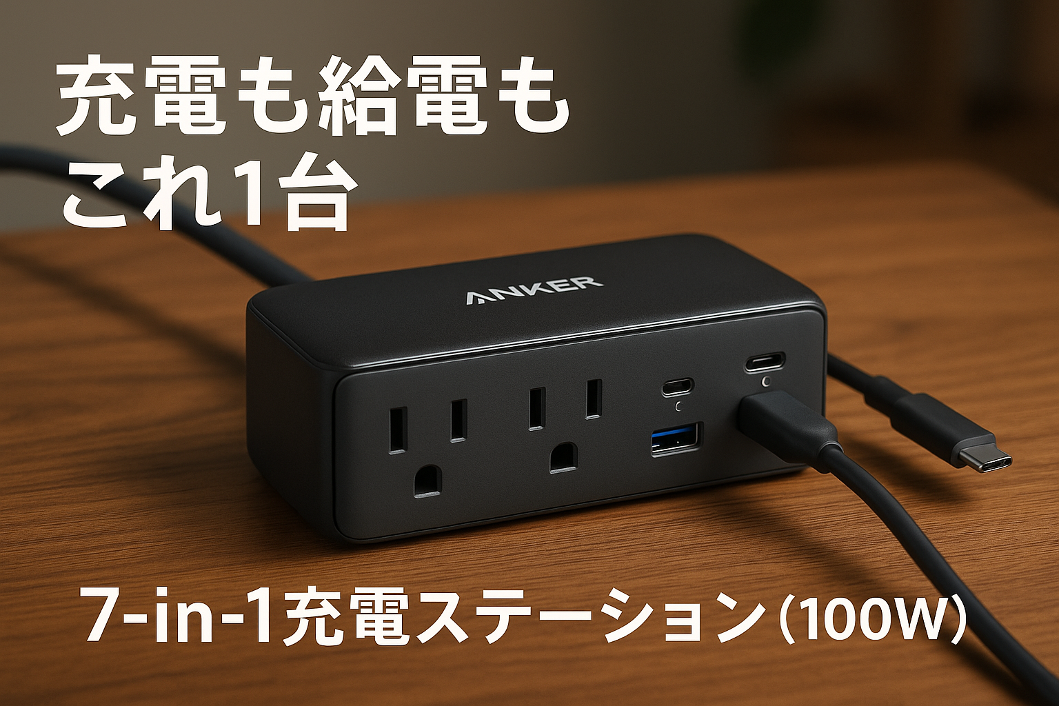 Anker Charging Station (7-in-1, 100W) (USBタップ 電源タップ AC差込口 3口 USB-C 2ポート USB-A 2ポート 延長コード 1.5m)ブラック