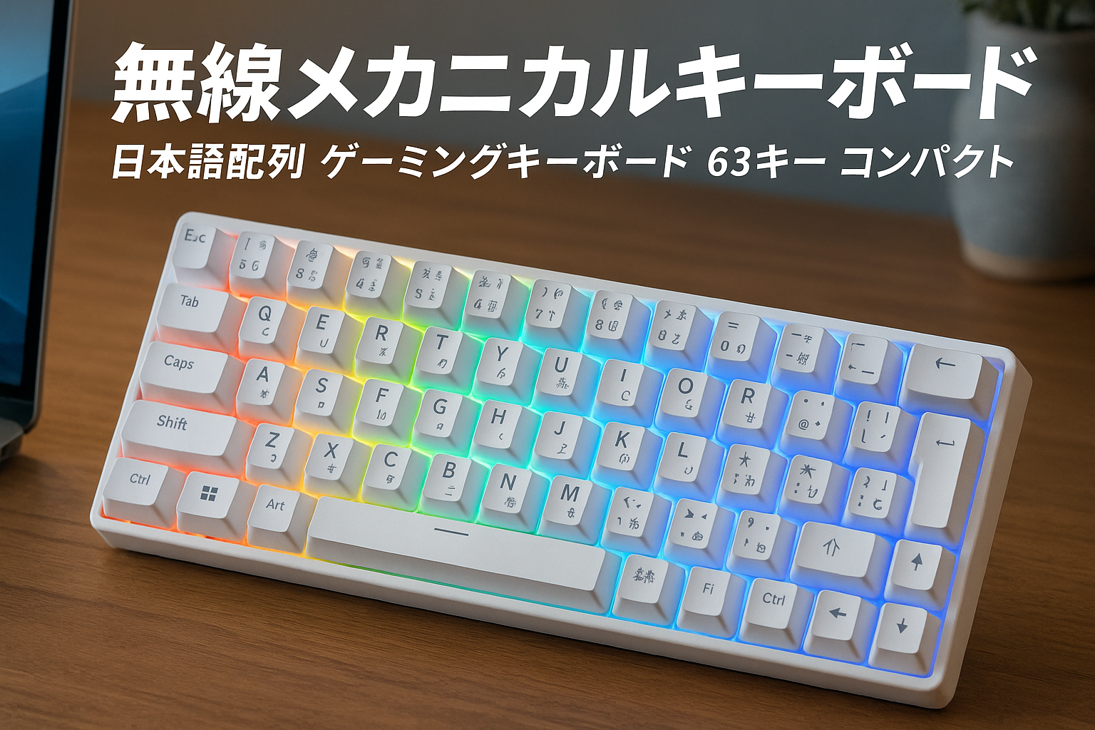 KIMOCA メカニカルキーボード 無線 日本語配列 キーボード 機械式 ゲーミングキーボード 63キー コンパクト Bluetooth 無線 USB 有線 2.4 G 防水 充電式 RGB LEDバックライト オフィス/ゲーミング用 (白色, 茶軸)