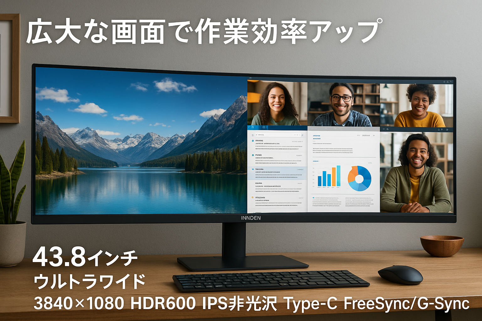 INNOCN 43.8インチ ウルトラワイド pc モニター 3840*1080 HDR600 IPS非光沢 Type-C FreeSync/G-Sync 薄型 傾き調整 VESA対応 日本語取扱説明書付 WR44-PLUS