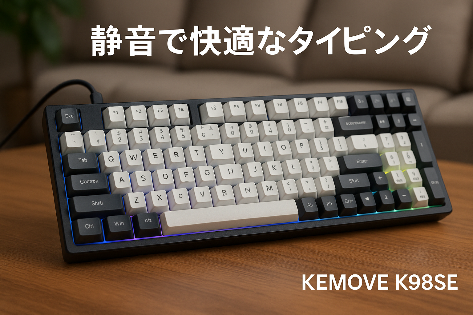 KEMOVE K98SE ゲーミングキーボード 静音 メカニカルキーボード 98キー 5000万回高耐久スイッチ採用 着脱式 有線 USB C 電源ケープル LEDバックライト Mac/Win/Linux対応 赤軸