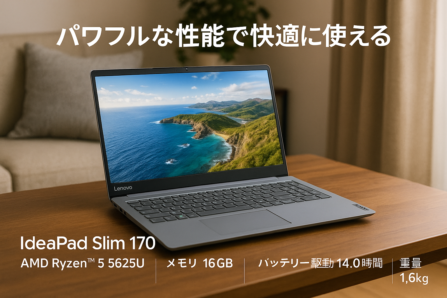 Lenovo ノートパソコン IdeaPad Slim 170 15.6インチ AMD Ryzen™ 5 5625U メモリ16GB SSD512GB バッテリー駆動14.0時間 重量1.6kg クラウドグレー 82R4010NJP