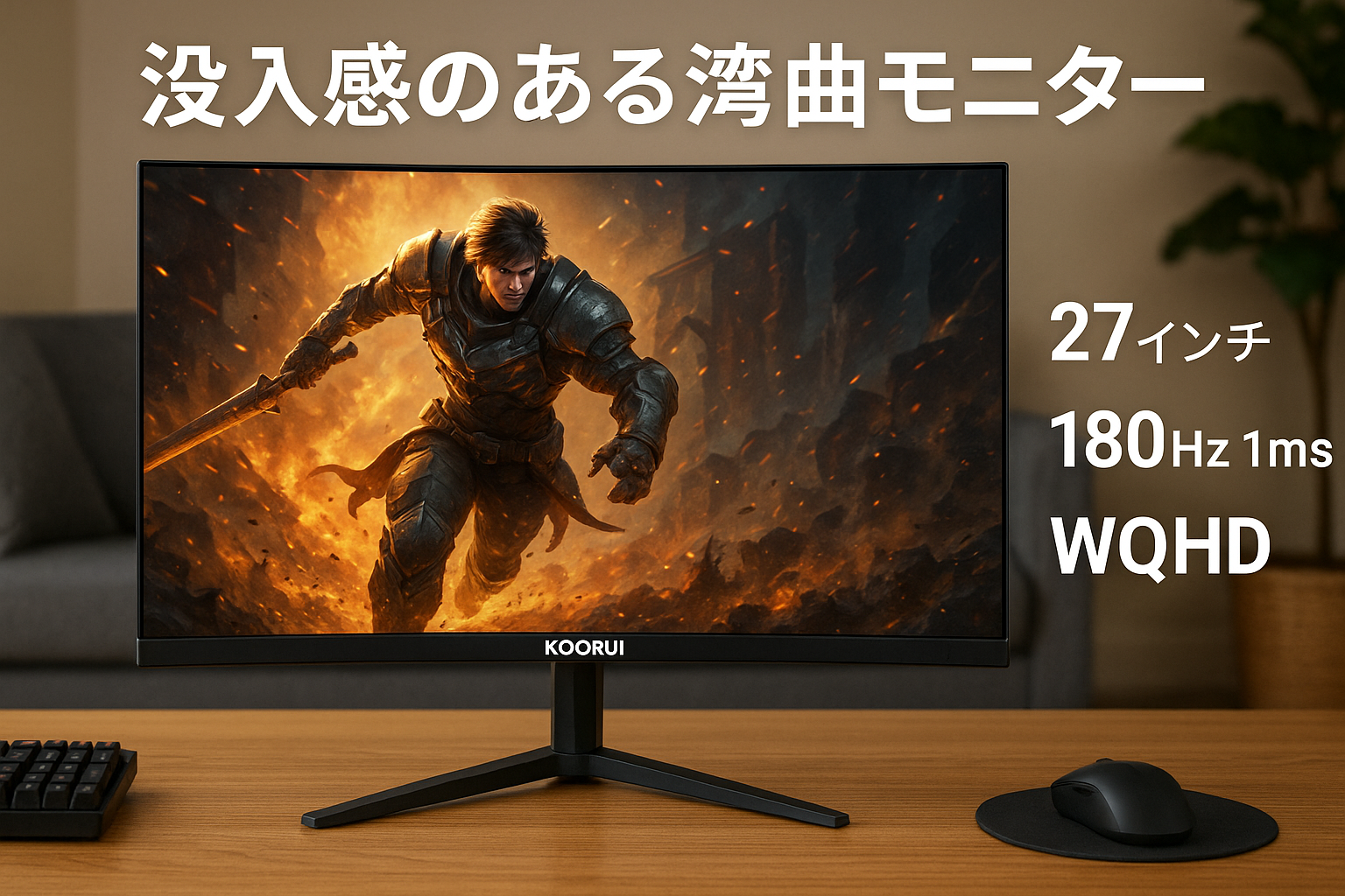 KOORUI ゲーミングモニター WQHD モニター 27インチ 湾曲モニター 180Hz 1ms(GTG) 1500R Adaptive Sync HDR 傾き調節 HDMI DP VESA 27E6QCA