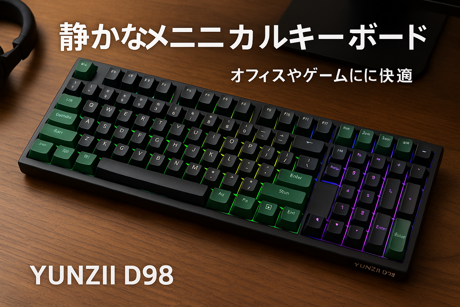 YUNZII D98 98キー ゲーミングキーボード メカニカルキーボード RGBバックライト付き 英語配列 静かな打鍵音 Windows対応 オフィス/ゲーム用 (ブラック＆グリーン)