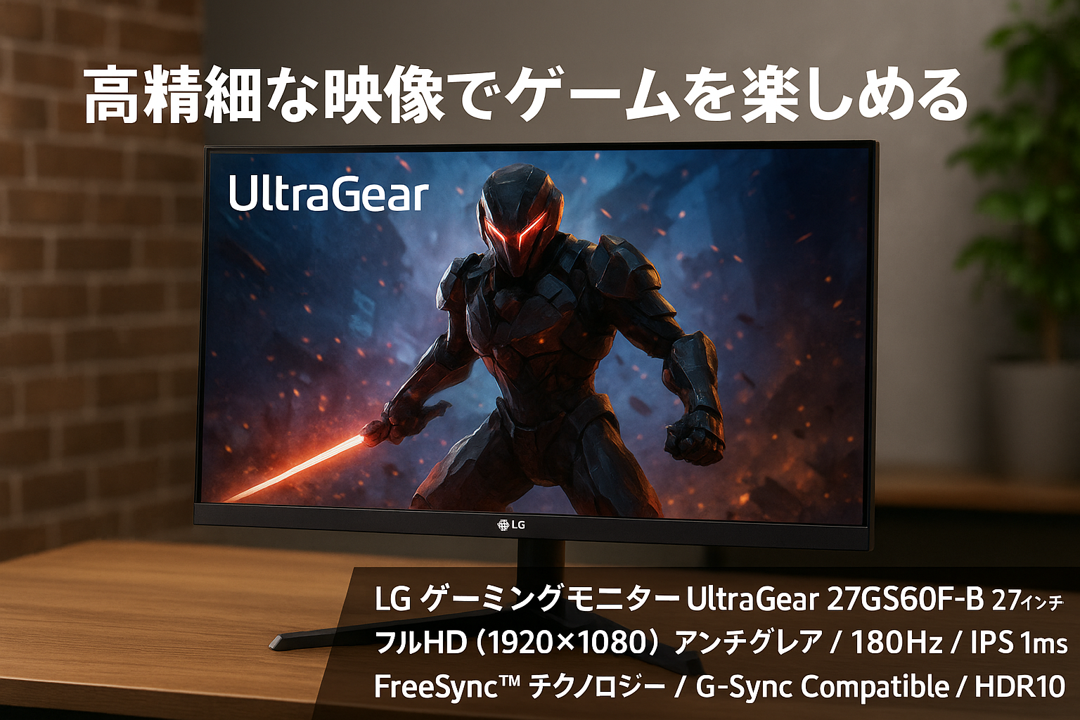 LG ゲーミングモニター UltraGear 27GS60F-B 27インチ/PCゲーム、家庭用ゲーム/フルHD(1920×1080) /アンチグレア/180Hz/IPS 1ms（GTG）/FreeSync™ テクノロジー/G-Sync Compatible/HDR10/DisplayPort/HDMI/チルト調整対応