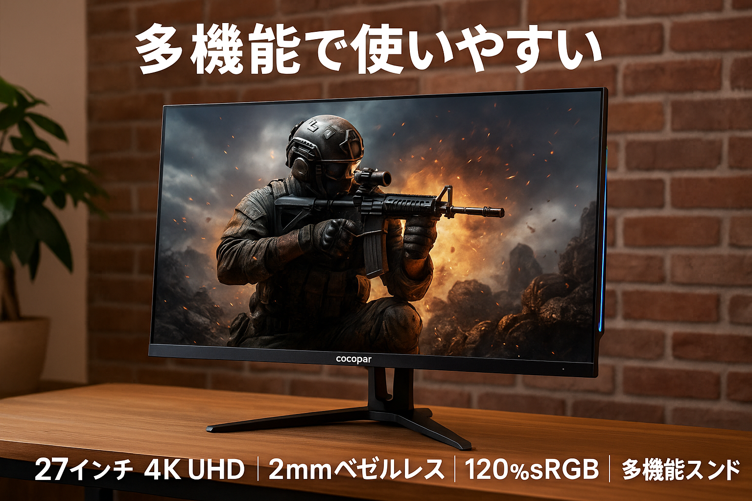 cocopar モニター 27インチ 4K IPS HDMI2.1*2個 DP1.4*2個 120%sRGB広色域 400nit高輝度 1ms応答 画面回転 多機能スタンド RGBライト VESA対応 2mmベゼルレス UHD 3840×2160 非光沢 ゲーミングモニター/PCモニター 60Hz FreeSync/HDR/チルト/高さ調整/スピーカー内蔵/イヤホン HG-4K27