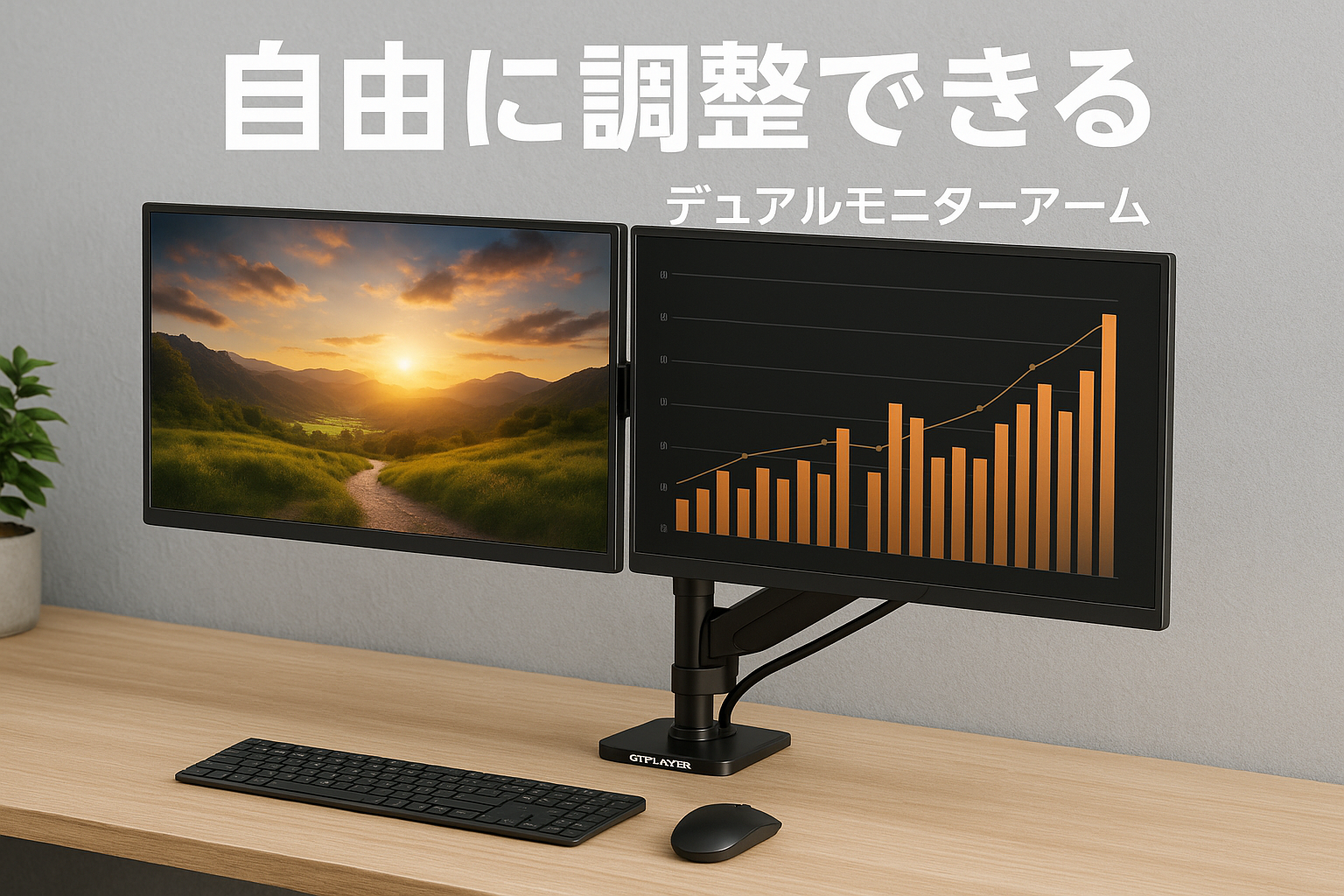 GTPlayer モニターアーム デュアル 2画面 補強プレート 34インチ 耐荷重10kg 上下左右多角度調節 スペース活用 vesa規格対応100*100 ガススプリング式/グロメット式/クランプ式 ケーブル収納 ディスプレイアーム pcモニターアーム 快適ワーク 置き型 ブラック ZJ02-BLACK