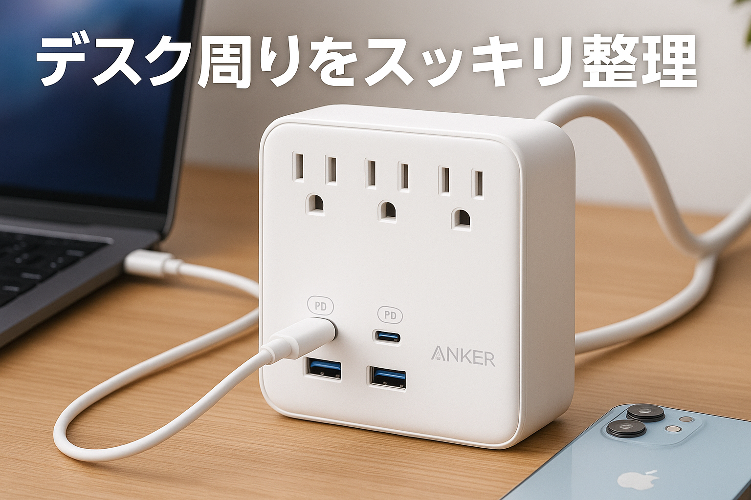 Anker 525 Charging Station/USB-C 2ポート USB-A 2ポート/AC差込口 3口/延長コード 1.5m/USB Power Delivery対応/MacBook Windows PC iPad iPhone Galaxy Androidスマートフォン ノートPC対応 (ホワイト)
