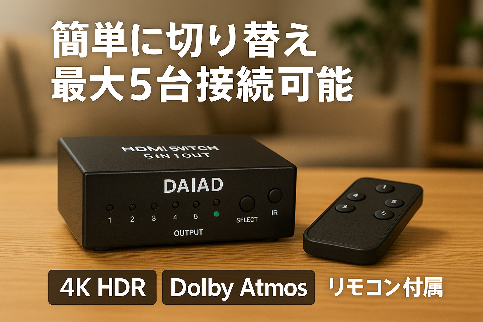 DAIAD HDMI 切替器 4K スイッチャー セレクター HDR DolbyAtmos 1080P@120Hz リモコン (5入力1出力)