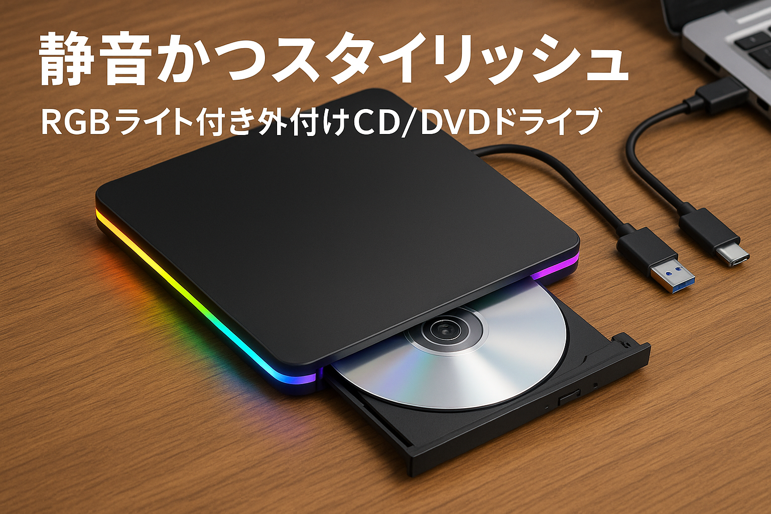 SURFOU CD DVDドライブ 外付け RGBライト付き 静音 USB3.0＆Type-C エラー修正 DVDプレーヤー 外付けDVDドライブ 読取/書込可 CDプレーヤー 外付けCDドライブ 軽量 薄型 光学ドライブ Mac PC パソコン Windows11 10 8 7XP Liunx Vista対応