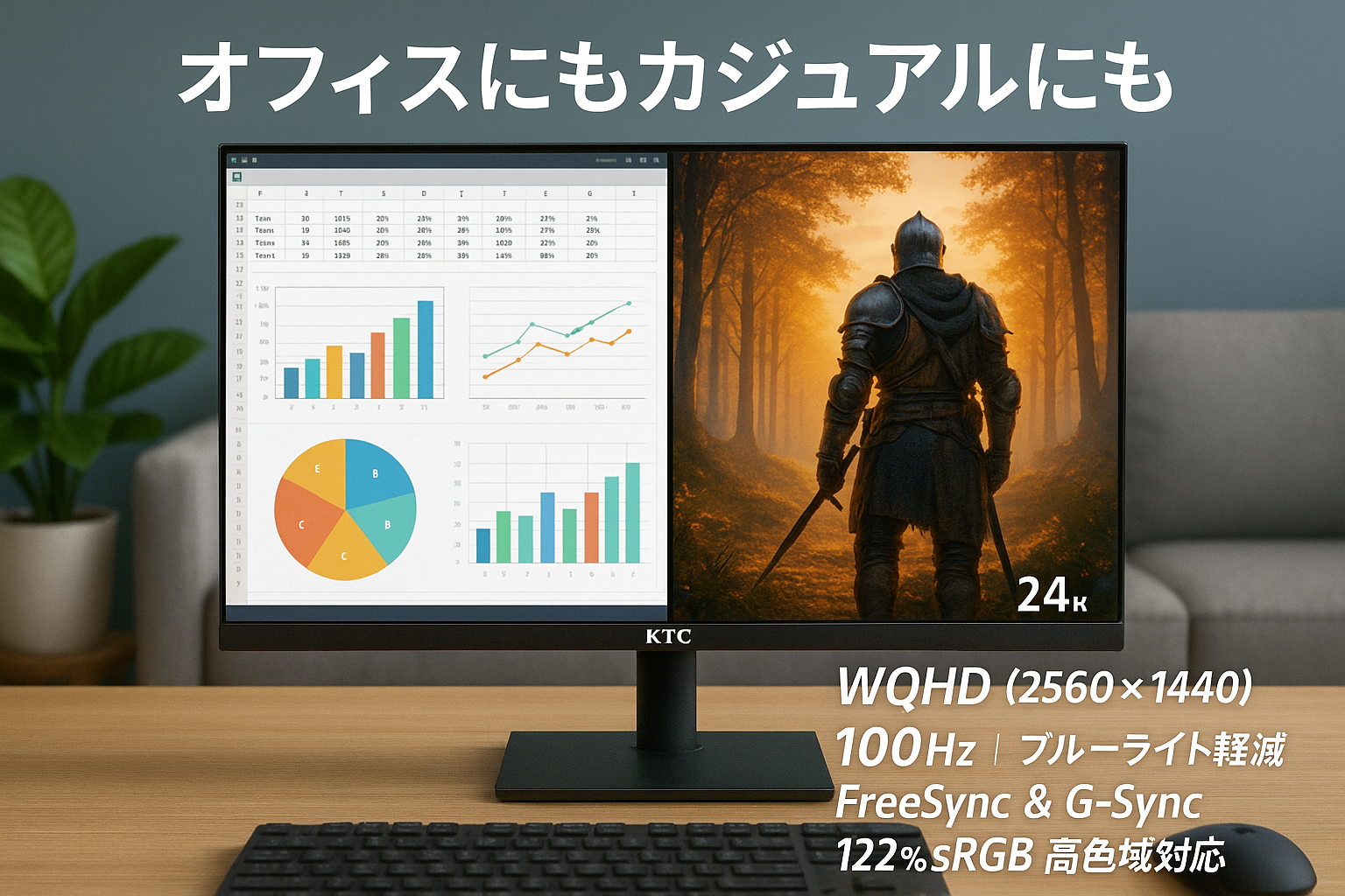 KTC 24インチ モニター WQHD(2560×1440) 100Hz IPSパネル ブルーライト軽減 FreeSync & G-Sync サポート オフィス＆カジュアルゲーミング対応 122%sRGB 高色域対応 PCモニター H24T2