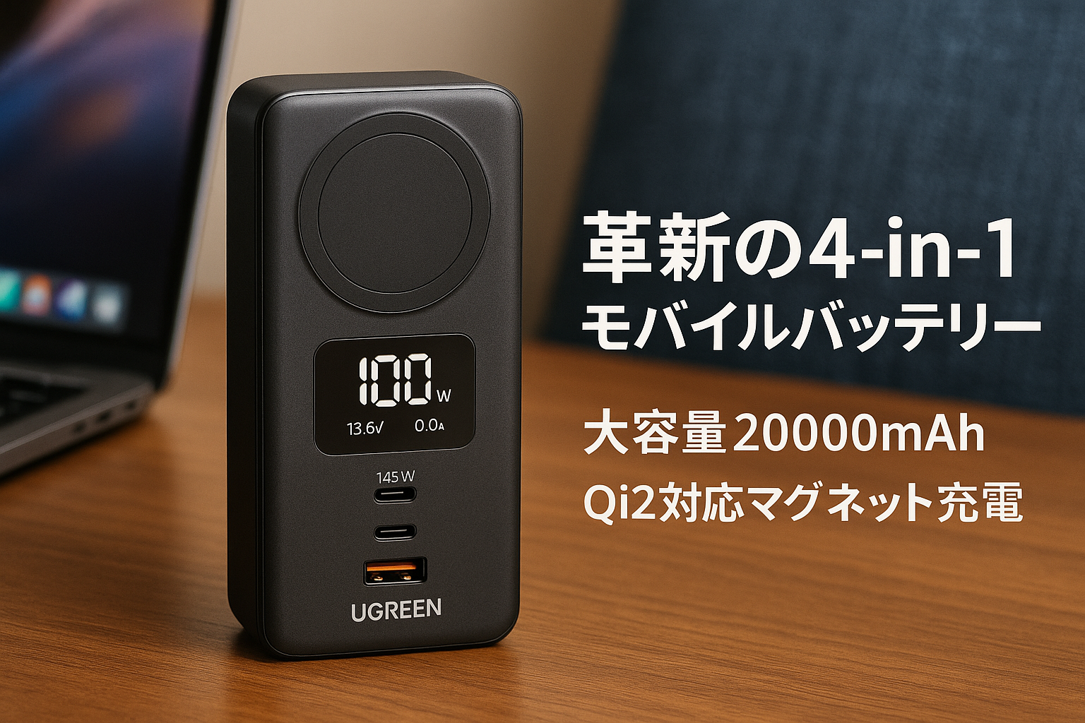 UGREEN Nexode モバイルバッテリー 4-in-1 (20000mAh・145W) Qi2・15Wマグネット式ワイヤレス充電対応 3ポート PD 急速充電対応 革新なTFTディスプレイ 大容量 縦置きデザイン パススルー/低電流モード搭載 PSE技術基準適合 MacBook PD対応Windows PC iPad iPhone Android スマホ ノートPC その他 PB771