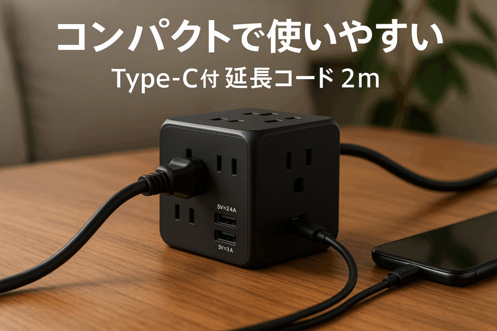 Micshion キューブ型電源タップ Type-C付 延長コード 2m 雷ガード 5個AC口(2400W) 3個USBポート 1個Type-C コンセントusb付き 電源タップ usb付き タコ足配線 テーブルタップ OAタップ マルチタップ 安全保護機能 自宅用 会社用 ブラック