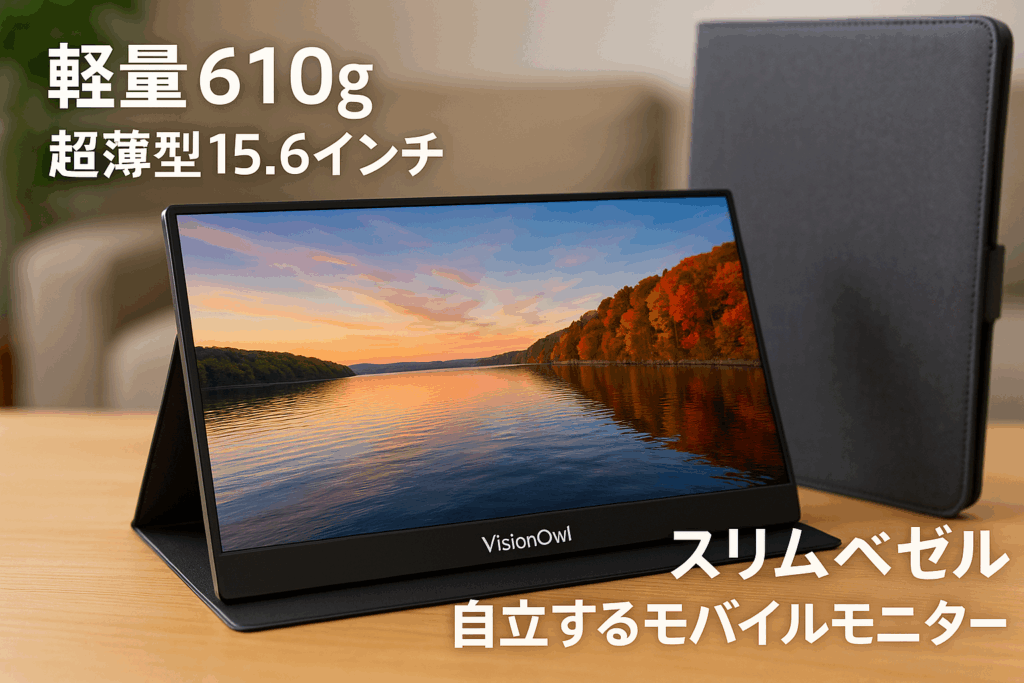 VisionOwl モバイルモニター 15.6インチ 超薄型 軽量610g 自立型 極細ベゼル 収納ケース付 スリムベゼル モバイルディスプレイ ポータブルモニター サブモニター 非光沢IPSパネル/USB Type-C/HDMI 1920x1080FHD PS4/XBOX/Switch/PC/Macなど対応 TJ-1