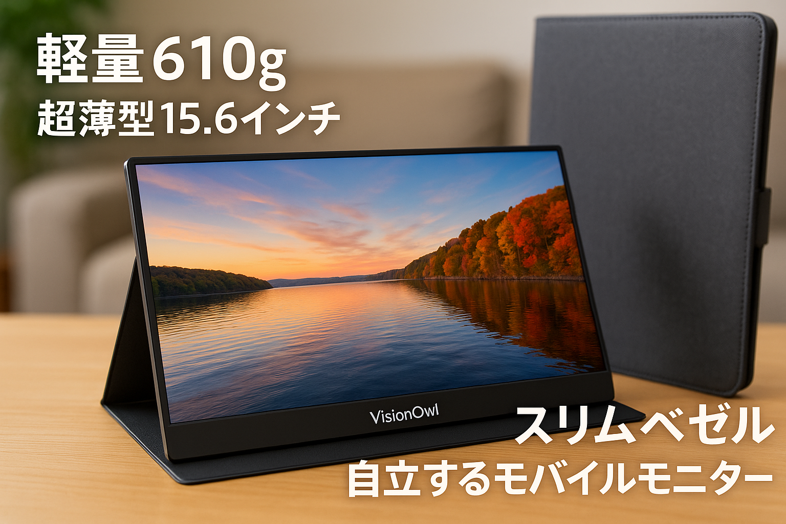 VisionOwl モバイルモニター 15.6インチ 超薄型 軽量610g 自立型 極細ベゼル 収納ケース付 スリムベゼル モバイルディスプレイ ポータブルモニター サブモニター 非光沢IPSパネル/USB Type-C/HDMI 1920x1080FHD PS4/XBOX/Switch/PC/Macなど対応 TJ-1