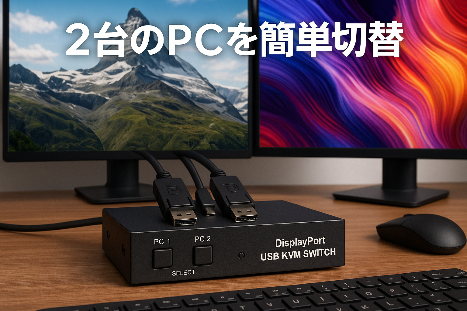 DP KVM 切替器 PC2台 モニター2台、デュアル モニター Displayport USB KVM 切替器サポート 4K@144Hz PC2台、キーボード、マウス、モニターを共有