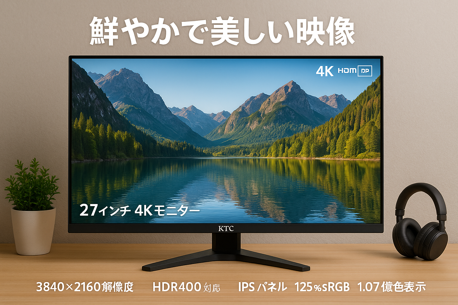 KTC 27インチ 4Kモニター | 3840x2160解像度、60Hz、HDR400対応 | IPSパネル、125% sRGB、1.07億色表示（8bit+FRC） | HDMI2.0×2、DP1.4×1、イヤホンジャック搭載 H27P27