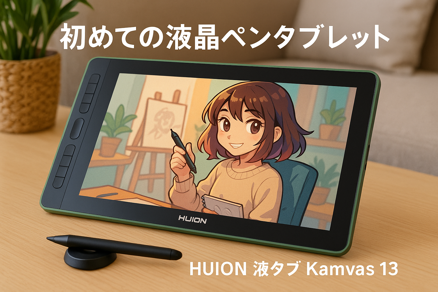 HUION 液タブ Kamvas 13 初めての液晶ペンタブレット スマホで使える 充電不要ペンPW517 8192レベル筆圧感度 傾き検知機能 ショートカット8個 フルラミネーション 左利き 初心者 お絵かき イラスト制作 漫画制作 写真加工 オンライン授業 13.3型 スタンド付き 緑