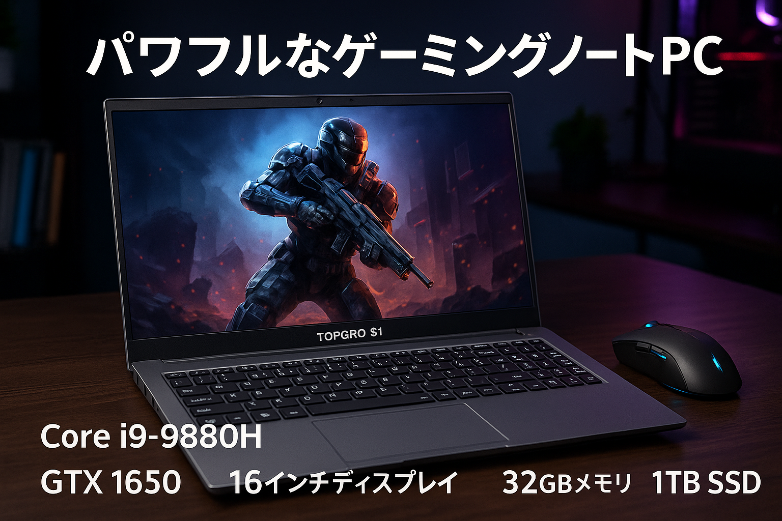 TOPGRO S1 ゲーミング ノートパソコン【Core i9-9880H/最大4.8GHz GTX1650/WiFi6/BT5.2】ゲーミングマウス付き 16インチ ゲーミングノートpc 32GBメモリ 1TB SSD 8コア/16スレッド ゲームモード/日本語キーボード/グラボ搭載/高性能/高放熱性/動画編集/カメラ内蔵/ステッカー付き Windows 11 pro