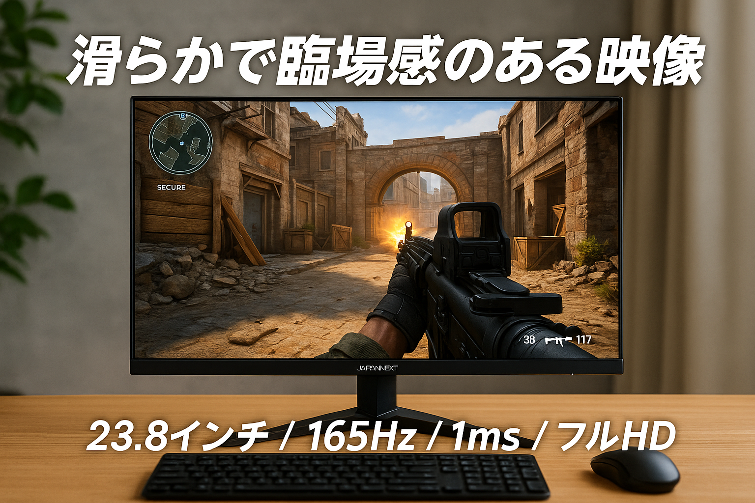 JAPANNEXT 23.8インチ ゲーミングモニター 165Hz 1ms フルHD 1920x1080解像度 IPS パネル ディスプレイ (HDMI/DisplayPort/VESA対応/ブルーライトカット / 視野角178°) JN-238i165FHDR