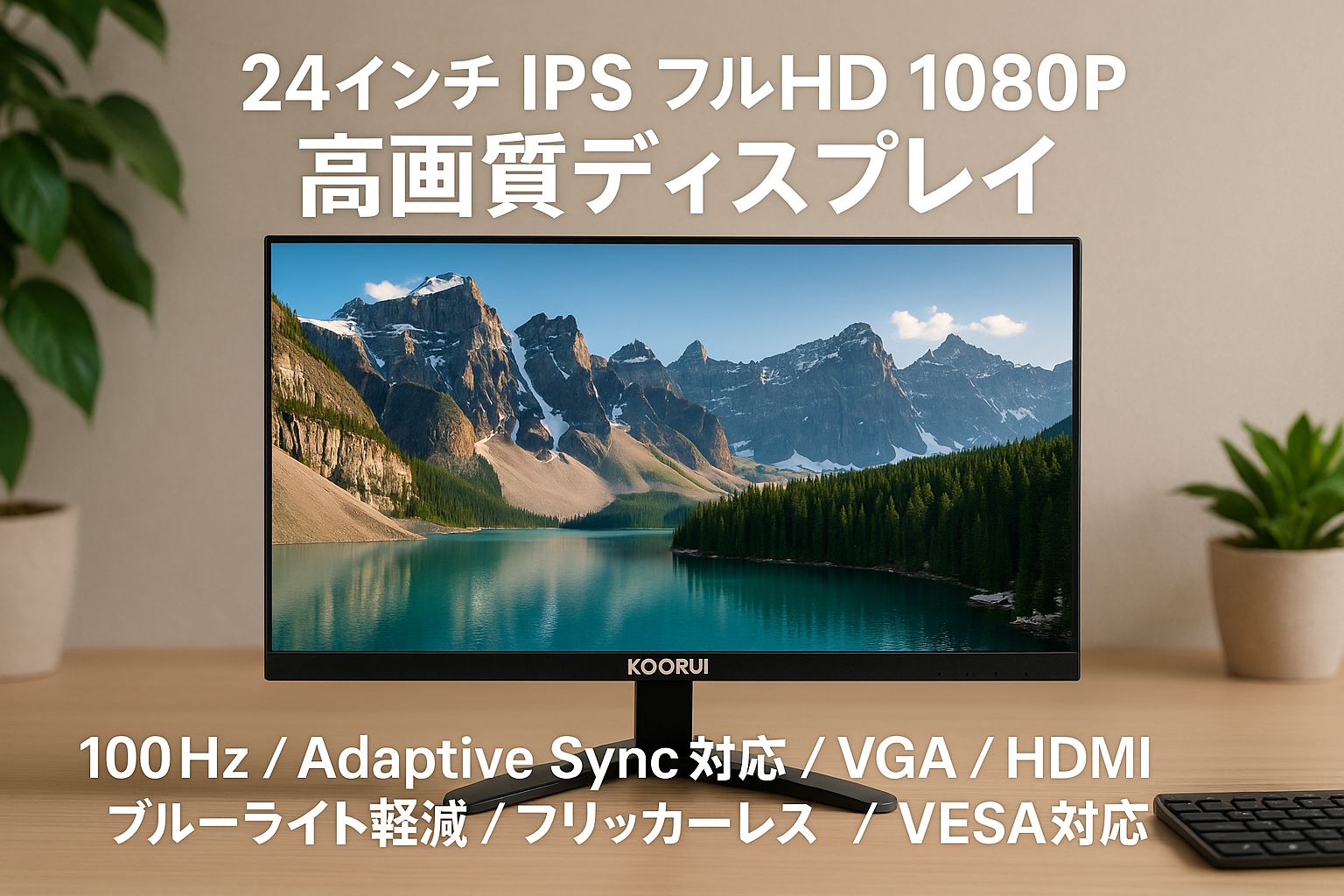 KOORUI モニター 24インチ IPS フルHD 1080P 非光沢 ディスプレイ(100hz/Adpitive Sync対応/VGA/HDMI/ブルーライト軽減/フリッカーレス/VESA対応)