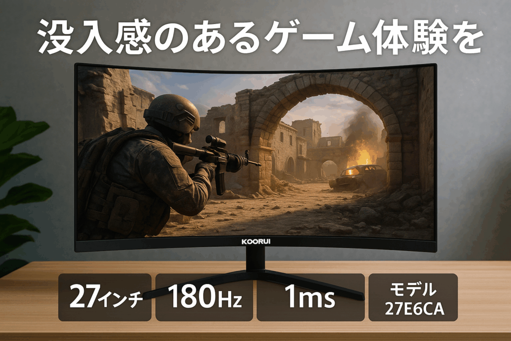 KOORUI ゲーミングモニター 湾曲 モニター 27インチ 180Hz 1ms GTG ディスプレイ PCモニター フルHD/1500R/HDR/Adpitive sync(G-SYN互換)/DPx1/HDMIx2/VESA/傾き調節/スピーカー非搭載 27E6CA