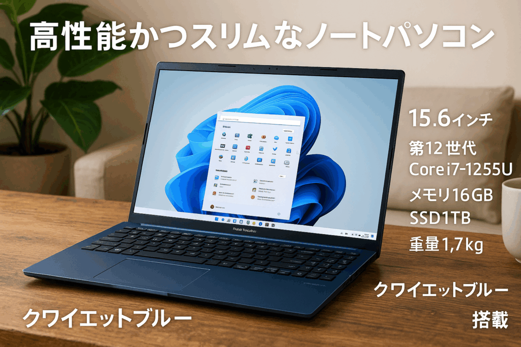 ASUS ノートパソコン Vivobook 15 15.6インチ 第12世代 Core i7-1255U メモリ16GB SSD1TB WPS Office搭載 Windows11 バッテリー駆動9.5時間 重量1.7kg インカメラ搭載 クワイエットブルー X1504ZA-I7161W