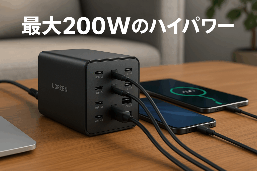 UGREEN Nexode 200W 充電器 6ポート 卓上多ポート急速充電器 【USB-C×4 USB-A×2 ダブルGaNIII(窒化ガリウム)採用 全ポートPD3.0対応 単ポート100W高出力 PSE技術基準適合】 ノートPC三台急速充電対応 iPhone16-8/Galaxy S23-10シリーズ Android Xperia/AQUOS/Macbook M4対応 CD271