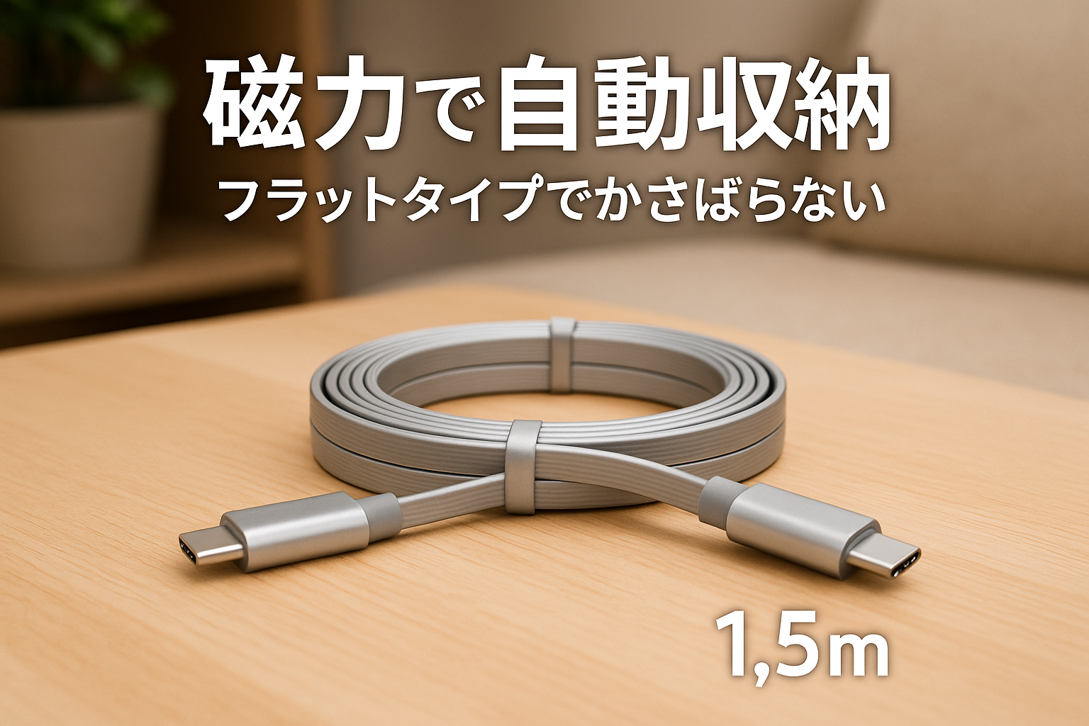 Magtame USB-Cケーブル フラット平形 磁力自動収納 タイプcケーブル60W PD対応 type-cケーブル 3A急速充電 usb-c&usb-cケーブル 高速転送 iPhone15/MacBookPro/Air/iPad/Samsung/XperiaGalaxy等対応 (1.5M-シルバー）
