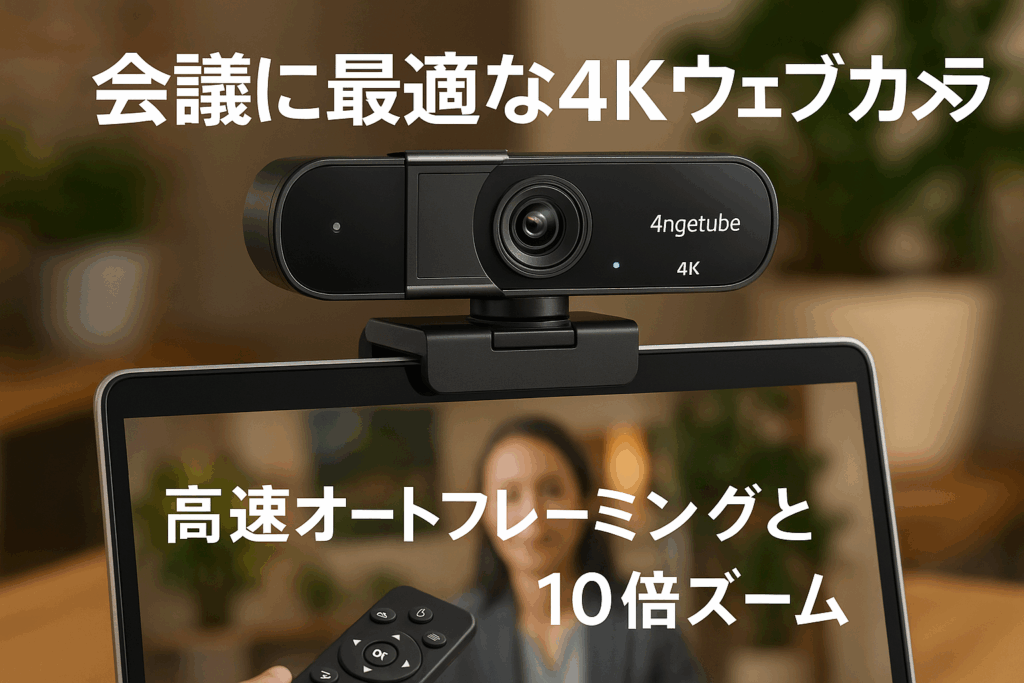 Angetube 4K Webカメラ 会議カメラ 高速オートフレーミング 10倍ズーム1080p 60fpsプライバシーシャッター付、30°- 100°視野角、AI追跡、HDR、リモートコントロール、自動光補正 ノイズキャンセリング マイク プラグアンドプレイ、対応 ウェブカム PC Mac ノートパソコン Zoom Skype