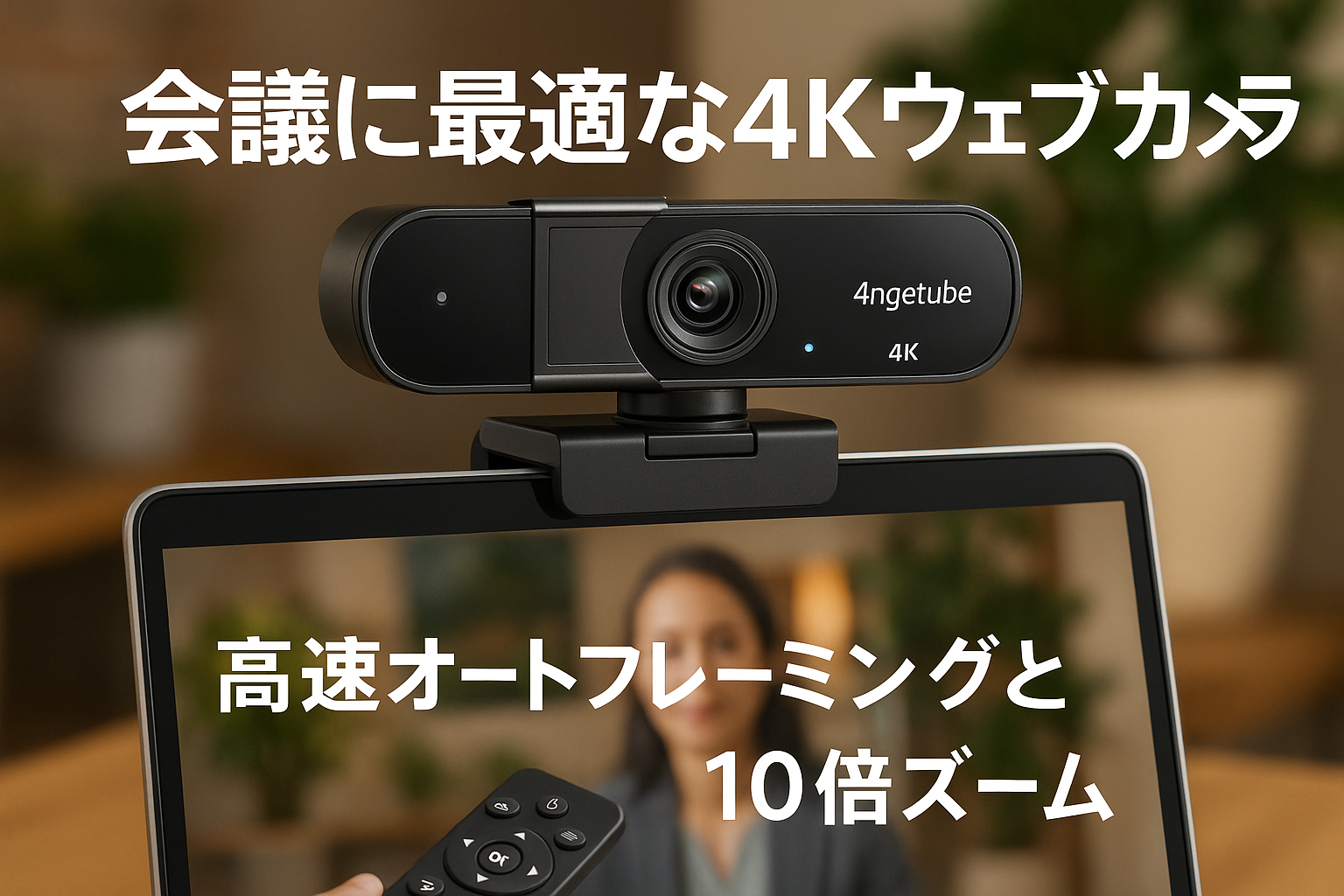 Angetube 4K Webカメラ 会議カメラ 高速オートフレーミング 10倍ズーム1080p 60fpsプライバシーシャッター付、30°- 100°視野角、AI追跡、HDR、リモートコントロール、自動光補正 ノイズキャンセリング マイク プラグアンドプレイ、対応 ウェブカム PC Mac ノートパソコン Zoom Skype