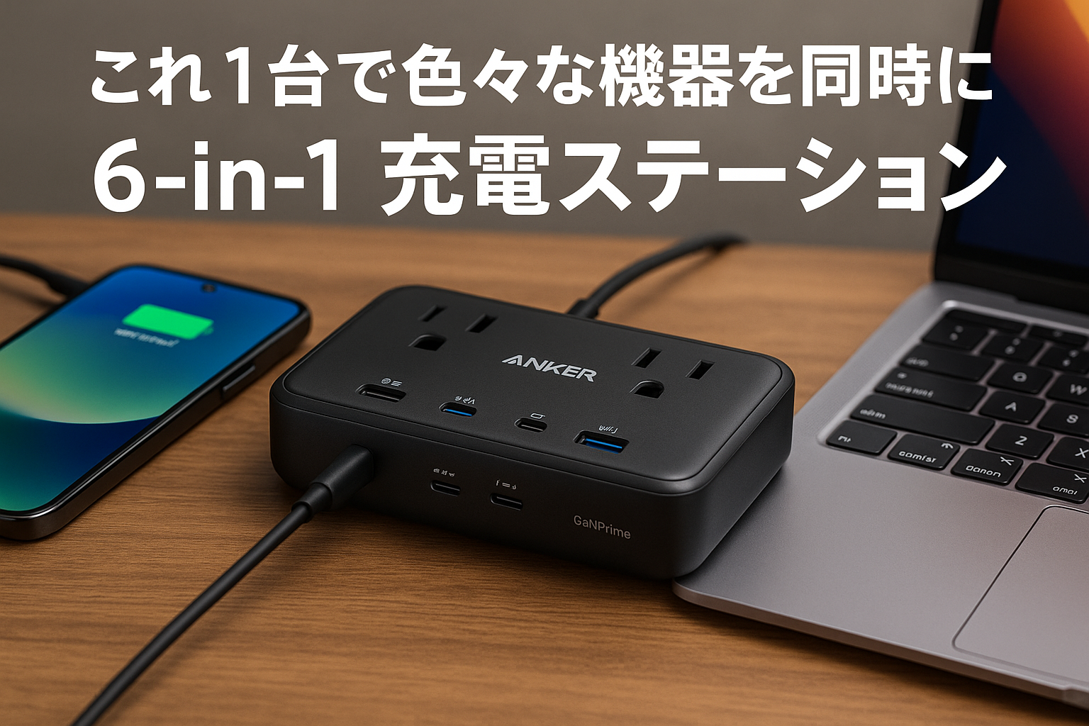 Anker 727 Charging Station (GaNPrime 100W) (6-in-1 充電ステーション) 【独自技術Anker GaNPrime採用/コンセント差込口 2口 / USB-C 2ポート / USB-A 2ポート / PSE技術基準適合】iPhone Galaxy Android スマートフォン MacBook ノートPC 各種 その他機器対応（ブラック）
