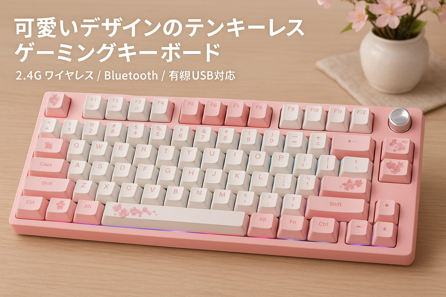 DAREU EK75PRO ゲーミングキーボード 無線 桜 ピンク テンキーレス 2.4Gワイヤレス/Bluetooth/有線USB接続可能 ガスケットマウント 81キー 英語配列 可愛い RGB メカニカルキーボード ホットスワップ対応 音量調節ノブ付き リニア類赤軸【1年間メーカー保証】