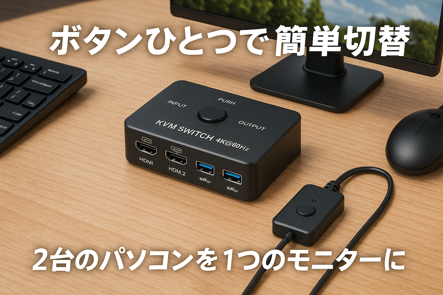 KVMスイッチ 2入力1出力 USB3.0, KVM 切替器 パソコン2台モニター1台切り替え 4K@60Hz解像度, KVMスイッチHDMI には3つのUSB3.0ポートがあります 共有キーボードとマウス プリンター/スキャナー サポートしますプッシュボタンと有線リモート切り替えを，会議/仕事/娯楽に最適