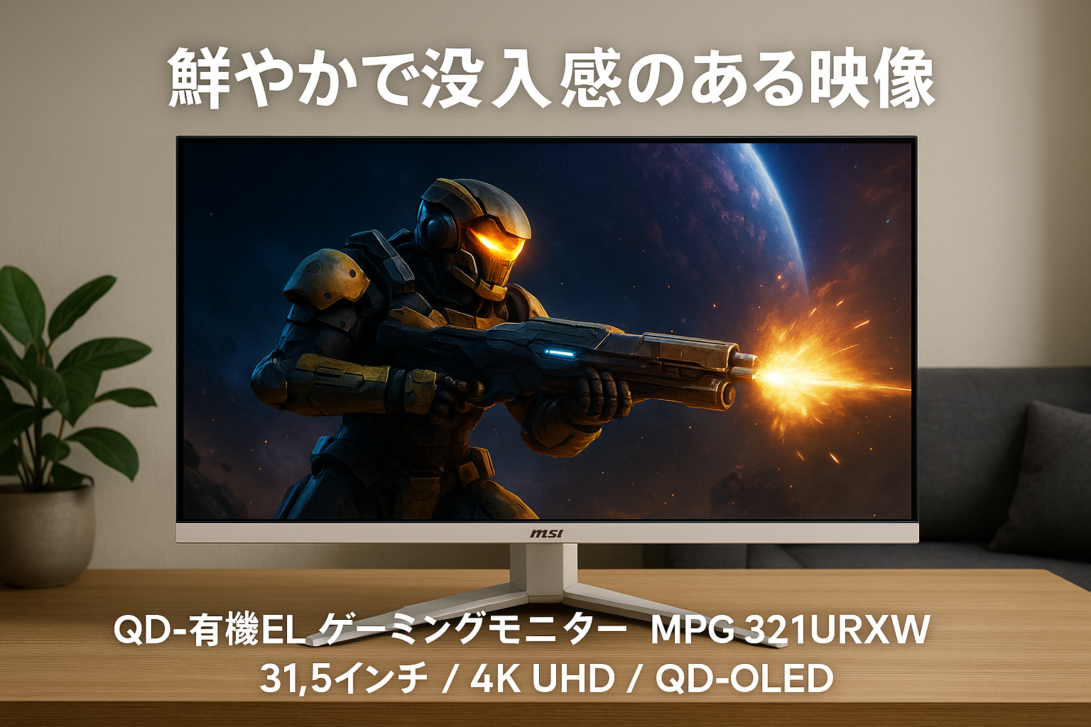 MSI QD-有機EL ゲーミングモニター MPG 321URXW QD-OLED 31.5インチ/4K UHD/QD-OLEDパネル/240Hz/0.03ms（GTG）/ハードウェアブルーライトカット/DisplayHDR True Black 400/AIビジョン/HDMI2.1/DP 1.4a/USB Type-C（最大90W）/KVMスイッチ/高さ調整/メーカー3年保証