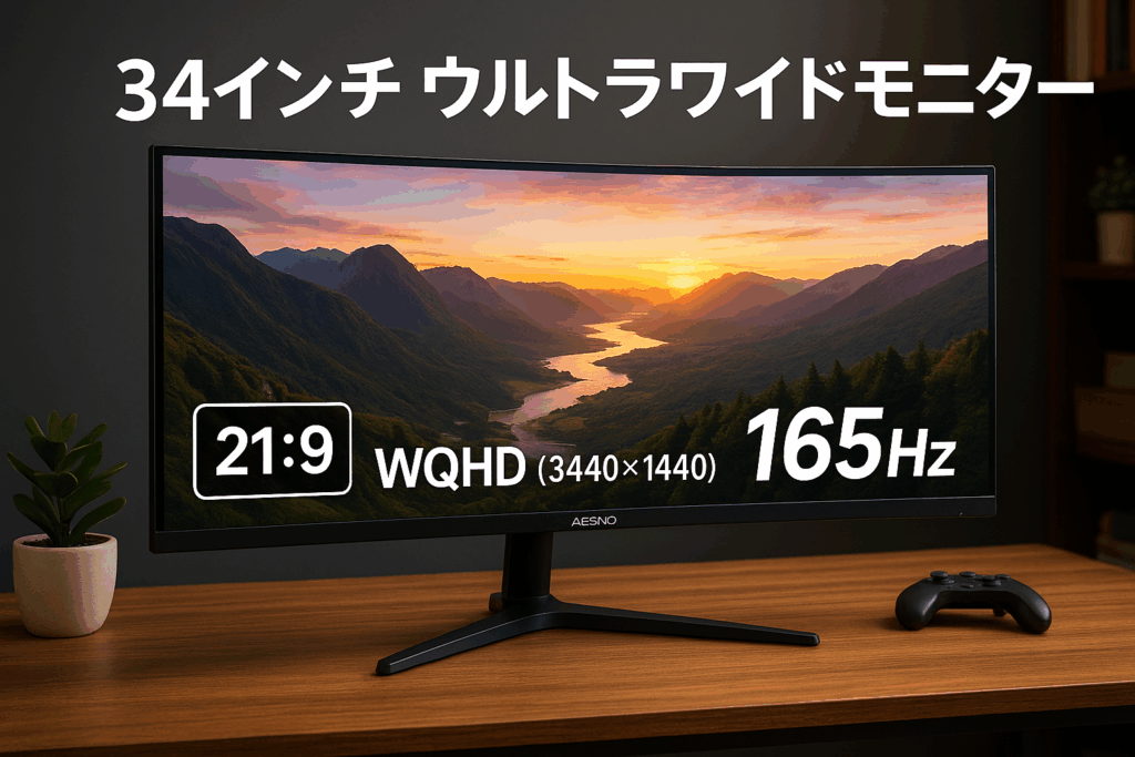 AESNO 34インチ ウルトラワイドPCモニター WQHD (3440*1440) 解像度 GTG1ms 98%sRGB 広色域 PS5 Gaming 165hz 1500R ディスプレイ 21:9 低ブルーライト/フリッカーなし HDR/AMD Freesync 高輝度 330cd/㎡ HDMI*2 DisplayPort*2 VESA対応 高さ回転調整
