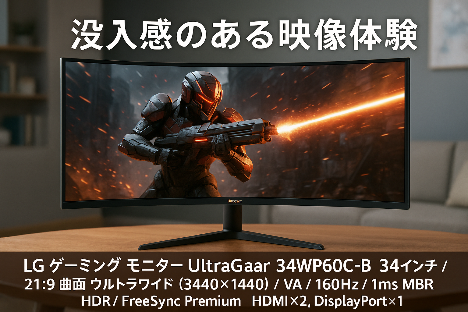 LG ゲーミング モニター UltraGear 34WP60C-B 34インチ/21:9 曲面 ウルトラワイド(3440×1440)/VA/160Hz/1ms MBR/HDR/FreeSync Premium/HDMI×2,DisplayPort×1