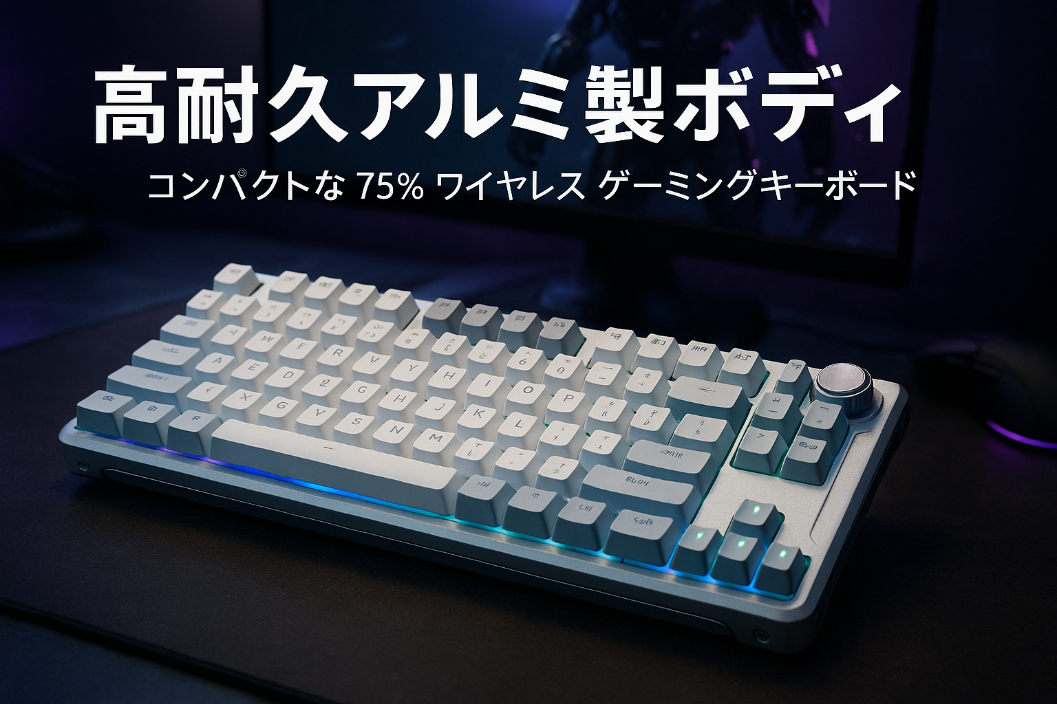 GravaStar Mercury K1 ゲーミングキーボード 無線 ワイヤレス 75%配列 テンキーレス ホットスワップ Bluetooth接続 ガスケット搭載 カスタマイズ RGBライト 文字側の刻印スタイル 高耐久アルミ製筐体 8000mAhバッテリー 音量コントロール メカニカルキーボード Windows/Mac用 (ホワイトグラデーション)