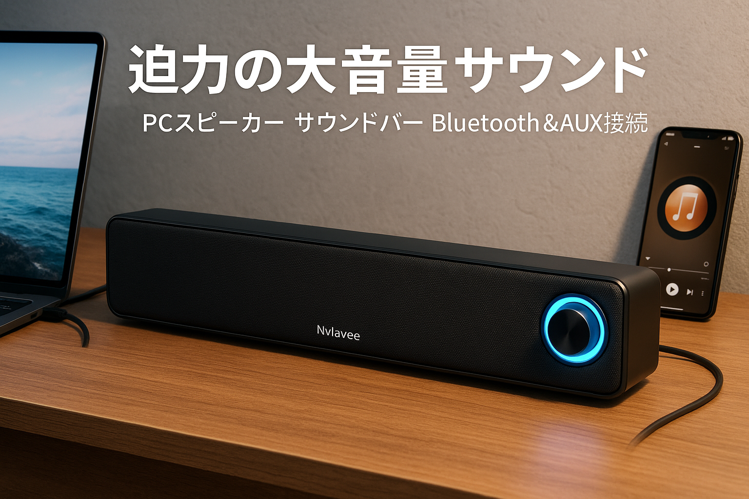 Nylavee PCスピーカー サウンドバー Bluetooth & AUX接続 六つのスピーカーユニット 10W ステレオ 大音量&豊かな低音 ラップトップ、タブレット、スマートフォンに対応、USB給電式のパソコンスピーカー