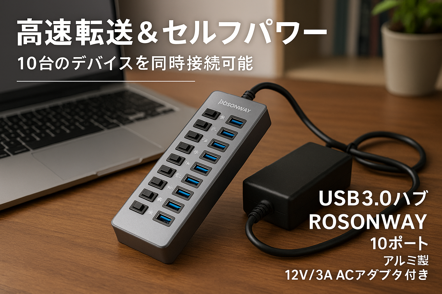 USB3.0ハブ 電源付き ROSONWAY 10ポート USBハブ アルミ製で アップ 5Gbps高速転送 セルフパワー USB拡張 独立スイッチ付 12V/3A ACアダプタ付き(RSH-A10)